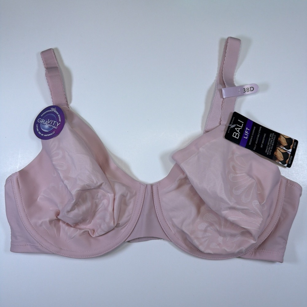 Bali Lift Gravity Defying Bra 38D PinkUnderwire Floral DF6563 Smoothing NEW